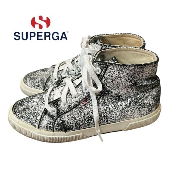 SUPERGA Black White Crackled Leather Hi / Mid Lace-up Sneakers 7 - Picture 2 of 6